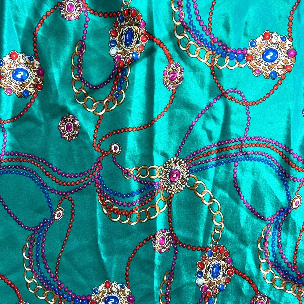 Vintage Opulence Emerald Green Chain Design Satin Slip Dress